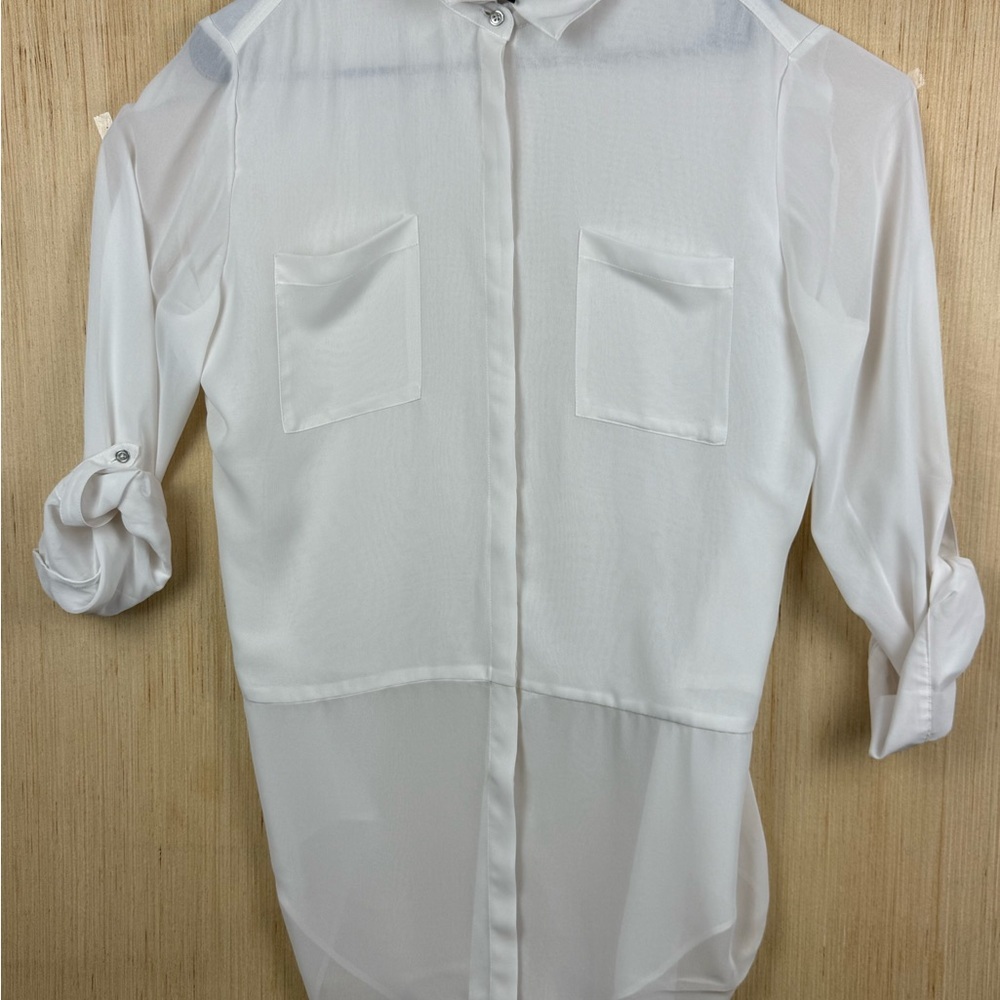Chico's Black Label Shirt Womens 2 White Sheer Button Front Tunic High Low Hem - Picture 2 of 10